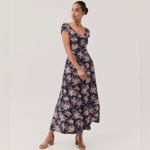 Pact Maxi Fit and Flare Crossback Dress XS Freesia Palms Navy